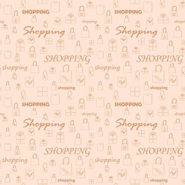 Alışveriş torbalarının siluetleri ve bej arka plandaki kutular - vektör dikişsiz desen