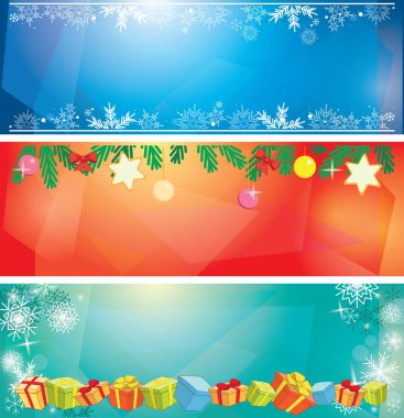Yeni yıl ve yılbaşı için parlak vektör şablonları. Kar taneleri, dekorasyonlar ve hediye kutuları