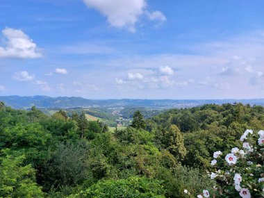Mavi gökyüzünün altındaki Pohorje Dağları 'ndan Sloven Styria. Yeşil manzara. Slovenya. Avrupa