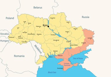 Ukrayna, Rusya 'nın işgal ettiği bölgelerin yönetim haritası, Ocak 2024 itibariyle. Vektör illüstrasyonu