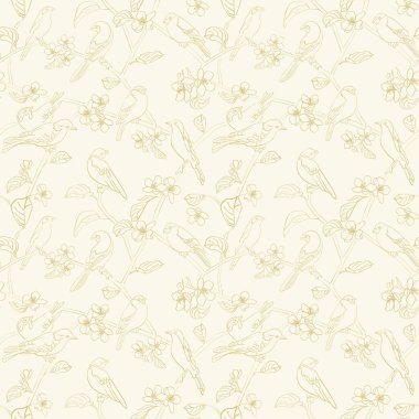 Kuşların siluetleri ve elma ağacı çiçekleriyle kusursuz bir desen. Bahar sezonu. Açık bej arkaplan