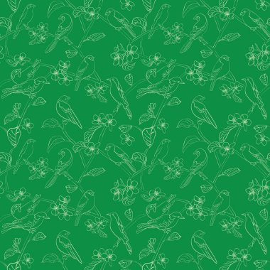 Parlak yeşil, pürüzsüz bir altyapısı var. Kuş siluetleri ve elma ağacı çiçekleriyle vektör deseni. Bahar. 