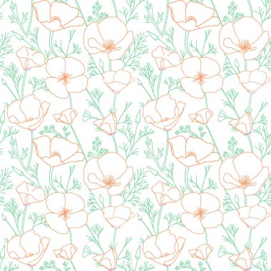 white seamless pattern with contours of Eschscholzia flowers. California poppy - vector decorative ornament. Pastel colored clipart