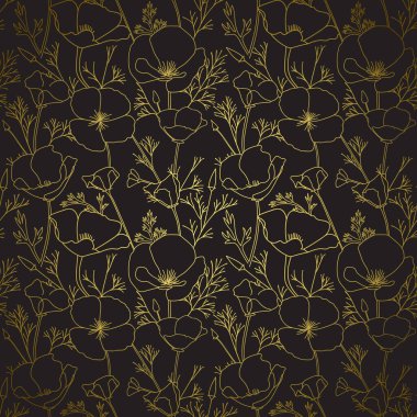 Siyah üzerine altın rengi bir arkaplan. Escholzia çiçekleri. Kaliforniya gelinciği - vektör 