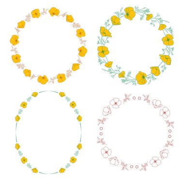 Turuncu Escholzia çiçekleriyle yuvarlak çerçeveler. Kaliforniya gelinciği - vektör elementleri