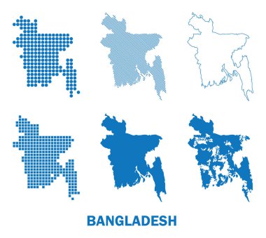 Bangladeş 'in izole edilmiş haritaları, farklı şekillerdeki vektör siluetler. Bangladeş Halk Cumhuriyeti