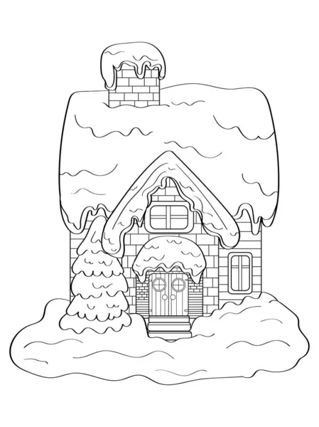 Zimní Dům Dřeva Cihel Sněhem Vánočním Stromečkem Černý Obrys Izolovaný — Stockový vektor