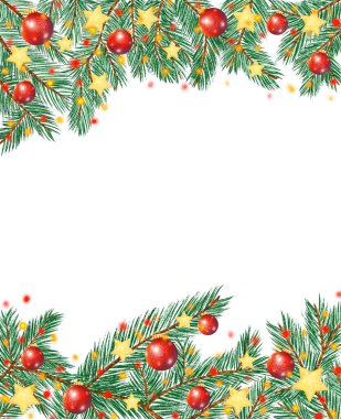 Noel arkaplanı, bayram kutlamaları, Noel topları, yıldızlar ve çelenklerle süslenmiş çam ağaçları, beyaz arka planda kartpostal, afiş, illüstrasyon