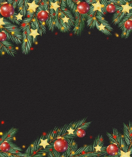 Banner Fekete Vászon Hatás Illusztráció Karácsonyfa Koszorú Fenyő Ágak Csillagok — Stock Fotó