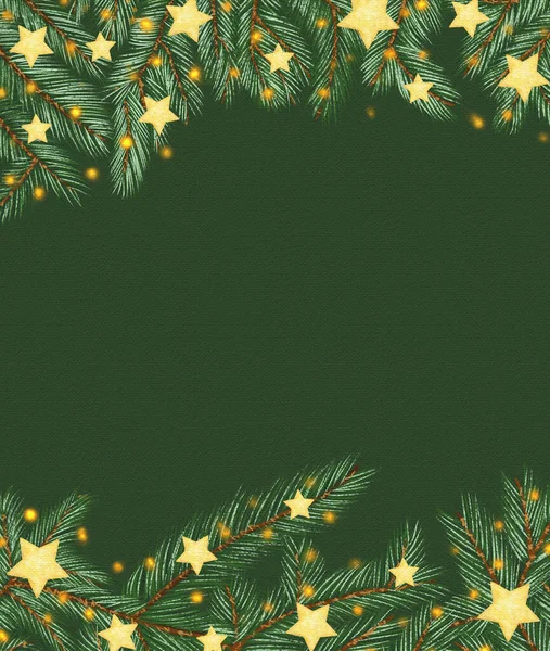 Баннер Эффектом Зеленого Холста Иллюстрация Гирляндой Елки Сосновые Ветви Звезды — стоковое фото