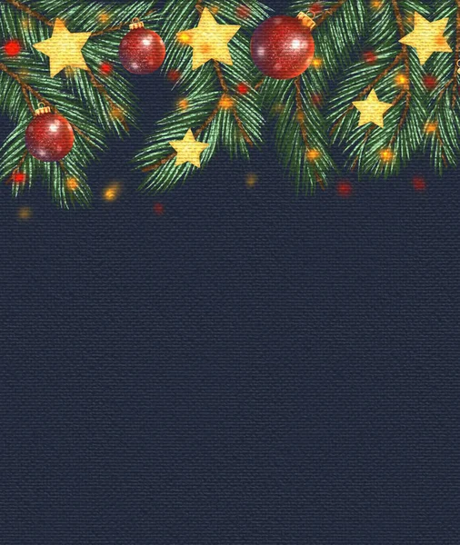 Mavi Tuval Efektli Pankart Noel Ağacı Çelenkli Illüstrasyon Çam Dalları — Stok fotoğraf