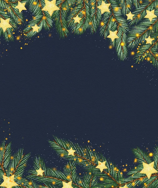 青いキャンバス効果バナー クリスマスツリーガーランドとイラスト 松の枝 ライト 休日のテンプレート カード バナー ポスター — ストック写真