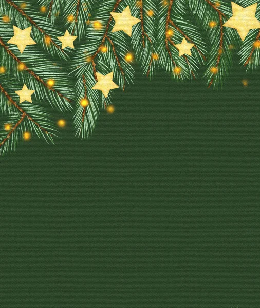 Banner Met Groen Canvas Effect Illustratie Met Kerstboombloemenslinger Dennentakken Sterren — Stockfoto