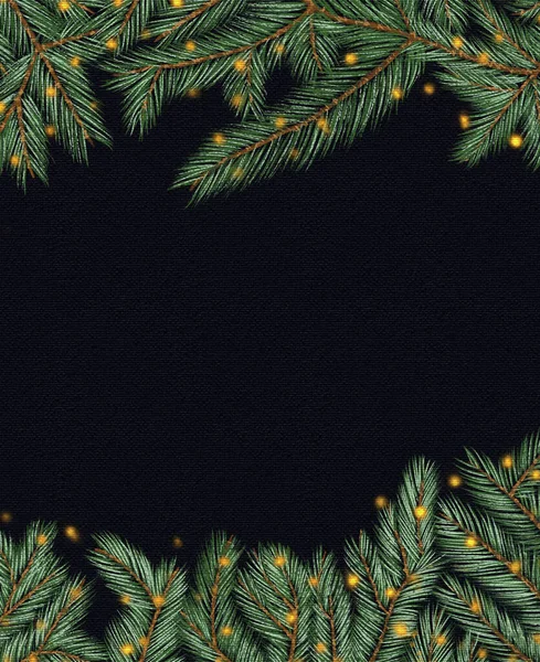 Bannière Noël Branches Épinette Verte Sur Fond Noir Avec Guirlandes — Photo