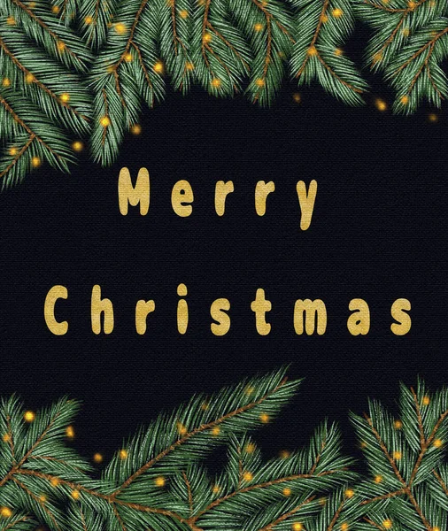 クリスマスバナー ガーランドと黒の背景に緑のトウヒの枝 テキストのためのスペース グリーティングカードテンプレート 冬のイラスト 垂直ポスター — ストック写真