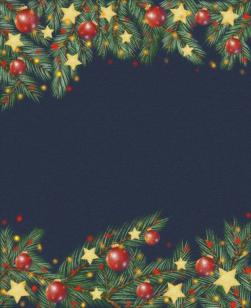 Banner Kék Vászon Hatás Illusztráció Karácsonyfa Koszorú Fenyő Ágak Karácsonyi — Stock Fotó