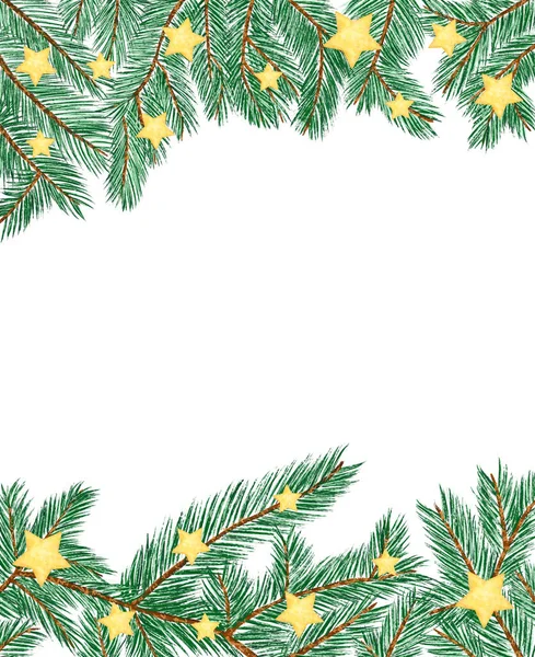 Karácsonyi Háttér Ünnepi Üdvözlet Tűk Díszített Karácsonyfa Ágak Csillagok Képeslap — Stock Fotó