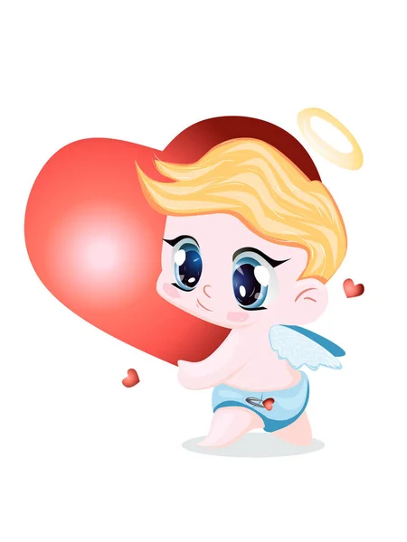 かわいいキューピッド ブロンドの髪の大きな赤いハートを持つ天使 白い背景に隔離されたベクトルイラスト バレンタインデー — ストックベクタ
