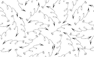 Kusursuz desen. Beyaz arka plan. Sevgililer Günü. Kalpler ve oklar. Vektör, karalama. Oklar farklı yönlere uçuyor. Tekstil, ambalaj kağıdı ve duvar kağıdı için elverişli.