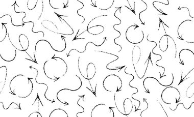 Beyaz arka planda elle çizilmiş siyah oklarla vektörsüz desen. Farklı fırça okları soyut. Tasarım için kaotik karalama elementleri koleksiyonu, Brownian hareketi konsepti, tekstil baskısı.