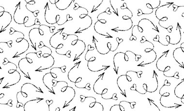 Sevgililer Günü siyah beyaz arka plan. Kalpler ve oklar pürüzsüz desen, tasarım ve dekorasyon için çizim