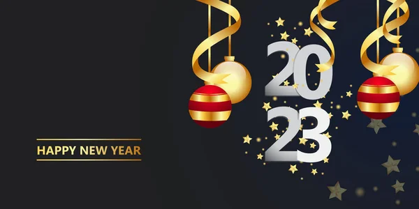 幸せな新年2023年黄金のクリスマスの装飾と背景にコンフェッティ ホリデーグリーティングカードデザイン — ストック写真