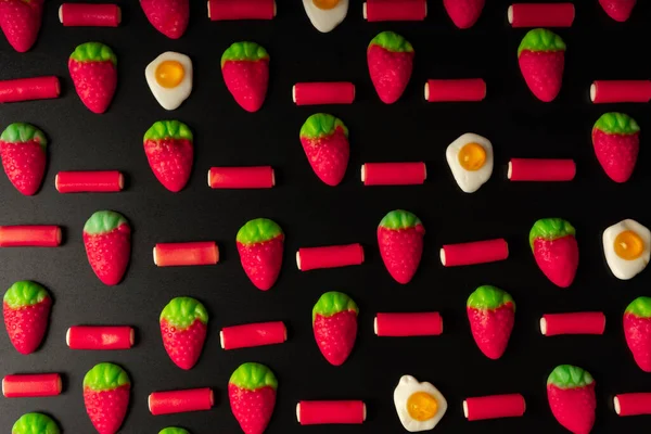candy strawberries licorice and fried eggs