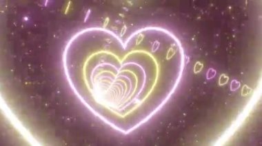 Parlak Sarı ve Pembe Kalpli Neon Işıkları Tüneli - 4K Kusursuz VJ Döngüsüz Arkaplan Animasyonu