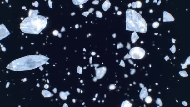Vackra Flygande Gnistrande Skimrande Diamantpärlor Lysande Klar Kristall Sömlös Loop — Stockvideo