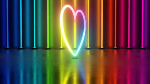 Arco Íris Néon Brilhante Coração Girando Contorno Forma Espectro Luzes — Vídeo de Stock