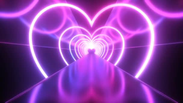 紫外線ピンクパープルネオンハートライト反射が輝きます 4KシームレスVj Loop Motion背景アニメーション — ストック動画