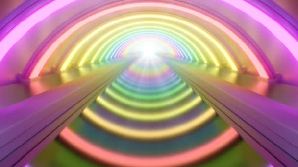 Ondergrondse Rave Bright Rainbow Neon Lights Glow Tunnel Reflection Naadloze — Stockvideo