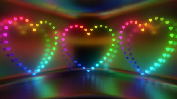 Krásné Zářící Neonové Kroužky Srdce Duhy Uvnitř Lesklého Zrcadlového Sálu — Stock fotografie