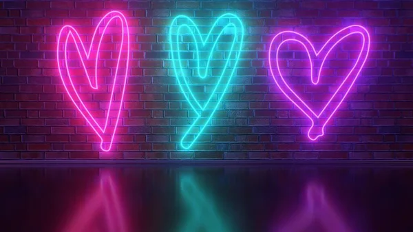 Bright Flickering Hand Drawn Neon Love Heart Symbol Shape Signs — Stock Photo, Image