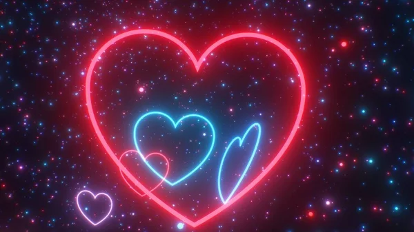 Fast Bright Magical Neon Glowing Heart Shape Lights Tunnel Sparkles — Stock Photo, Image