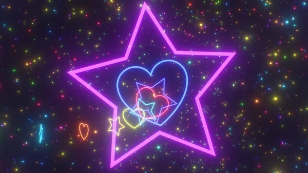 Latanie Przez Piękne Neonowe Tęczowe Serca Gwiazdy Blask Tunelu Streszczenie — Zdjęcie stockowe