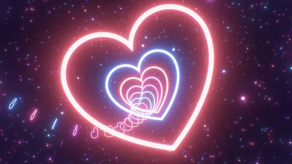Flyg Genom Twisty Heart Neon Glow Tunnel Med Gnistrande Stjärnor — Stockfoto