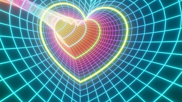 Flying Wireframe Grid Retro Neon Heart Shaped Glow Tunnel Abstract — Stock Photo, Image