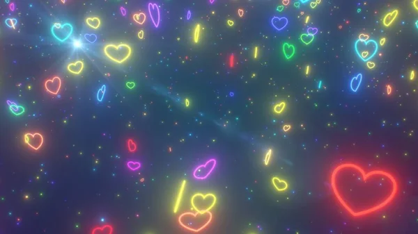 Spinnende Neonherzen Tief Weltall Mit Funkelnden Sternen Abstrakte Hintergrundtextur — Stockfoto