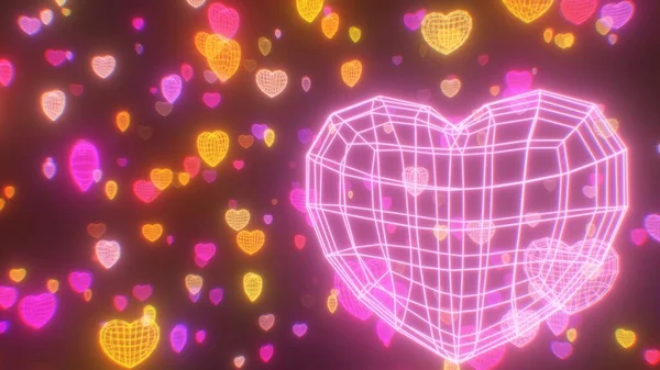 Warm Pink Orange Neon Glow Wireframe Hearts Moving Forward Abstract — Stock Photo, Image