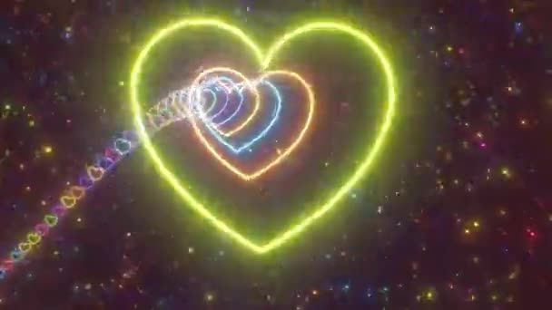 Repülés Visszafelé Gyors Görbületi Sebességgel Neon Heart Izzó Alagúton Keresztül — Stock videók
