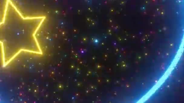 Flying Beautiful Neon Rainbow Hearts Stars Glow Tunnel Bezproblemowa Animacja — Wideo stockowe