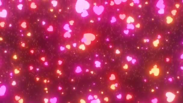 Neon Glowing Pink Orange Hearts Falling Night Sky Seamless Loop — Stock video