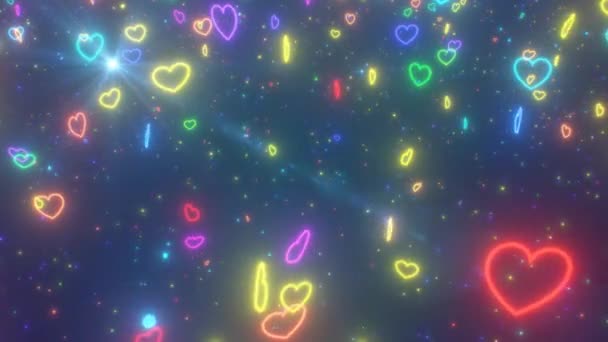 Spinning Neon Hearts Tief Weltraum Mit Funkelnden Sternen Leuchten Seamless — Stockvideo