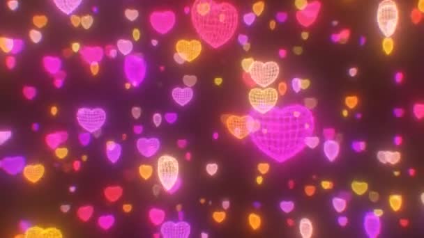 Rosa Quente Laranja Neon Glow Wireframe Corações Movendo Para Frente — Vídeo de Stock