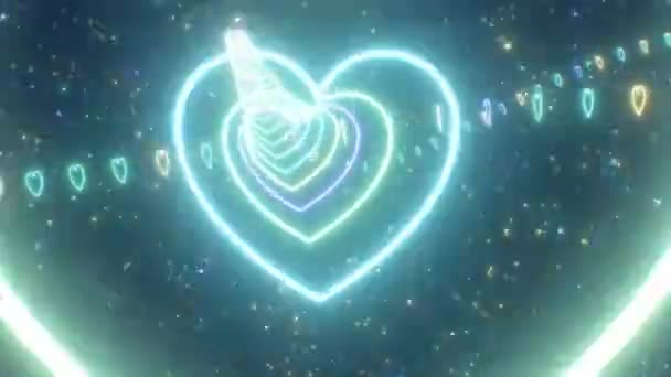 Tunel Neonowy Żółtym Niebieskim Sercem Przez Gwiaździstą Galaktykę Płynna Animacja — Wideo stockowe
