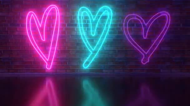 Bright Flickering Hand Drawn Neon Love Heart Symbol Shape Signs — Stock Video