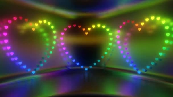 Piękne Świecące Tęczowe Neonowe Pierścienie Serca Błyszczącym Pokoju Lustrzanym Płynne — Wideo stockowe