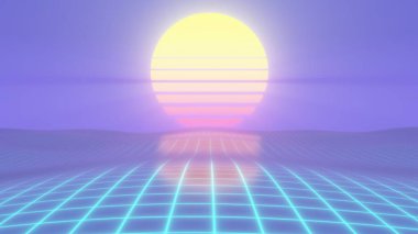 Retro Sentetik Dalgalar 80 'lerin Güneşi Kablo Çerçevesinin Üzerinde Parlayan Neon Okyanus Dalgaları - Soyut Arkaplan Dokusu