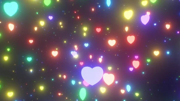 Piękne Gwiazdy Serca Świecące Neonowe Kolory Tęczy Głęboko Kosmosie Streszczenie — Zdjęcie stockowe